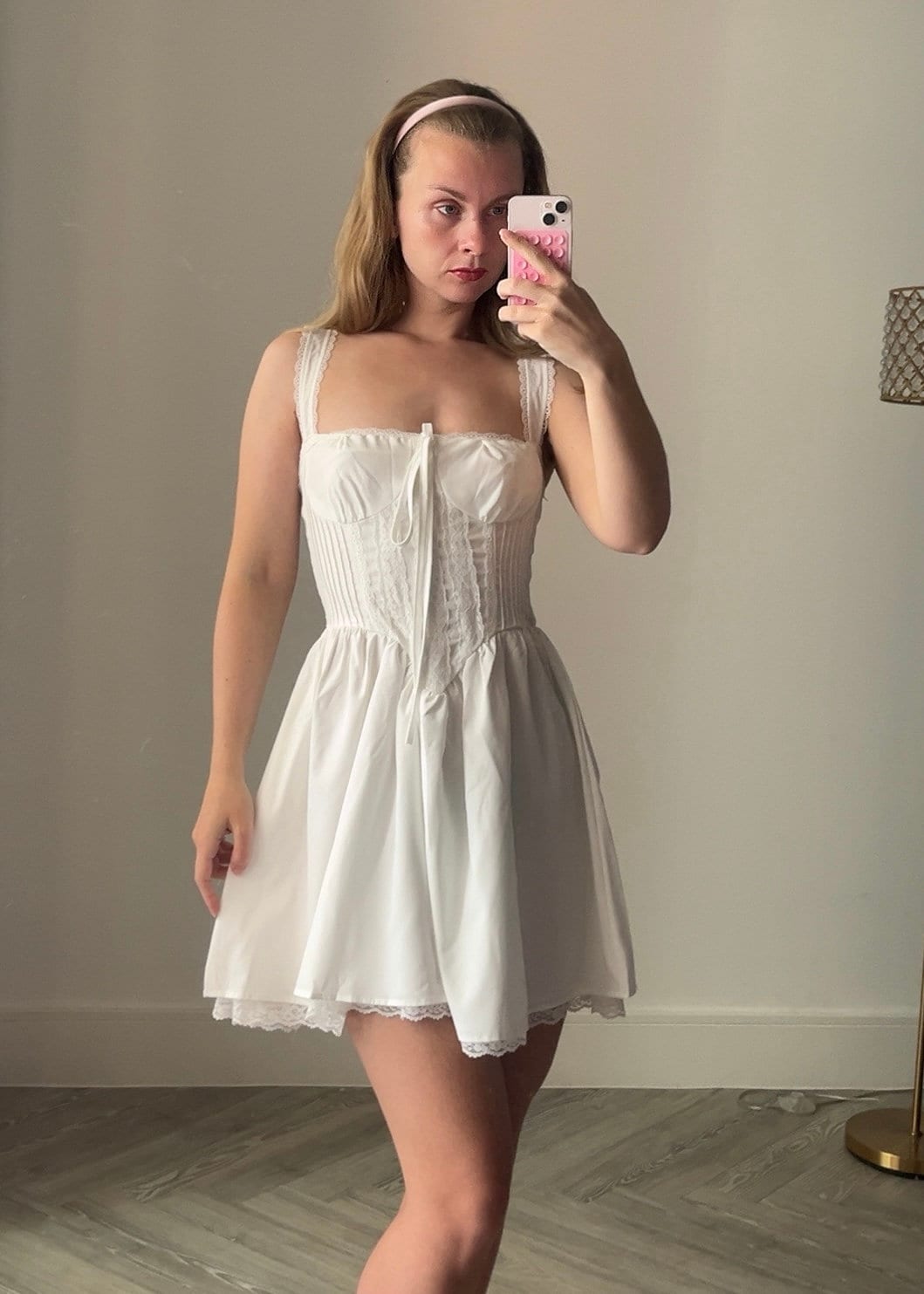 white lace milkmaid dress White Milkmaid Mini Dress: Lace Corset, Cottagecore Summer Outfit