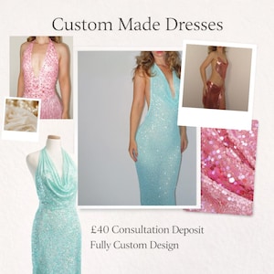 Può includere: Immagine che mostra abiti su misura. Gli abiti sono in diversi colori, tra cui rosa, azzurro e rame, e sono adornati da paillettes. Il testo "Custom Made Dresses" è nella parte superiore dell'immagine.