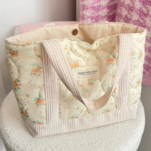 Sac fourre-tout matelassé floral, joli sac girly de tous les jours, cadeau pour elle, bandoulière rembourrée, rose/bleu, coquette, rétro, université/ordinateur portable/étude/salle de sport/voyage