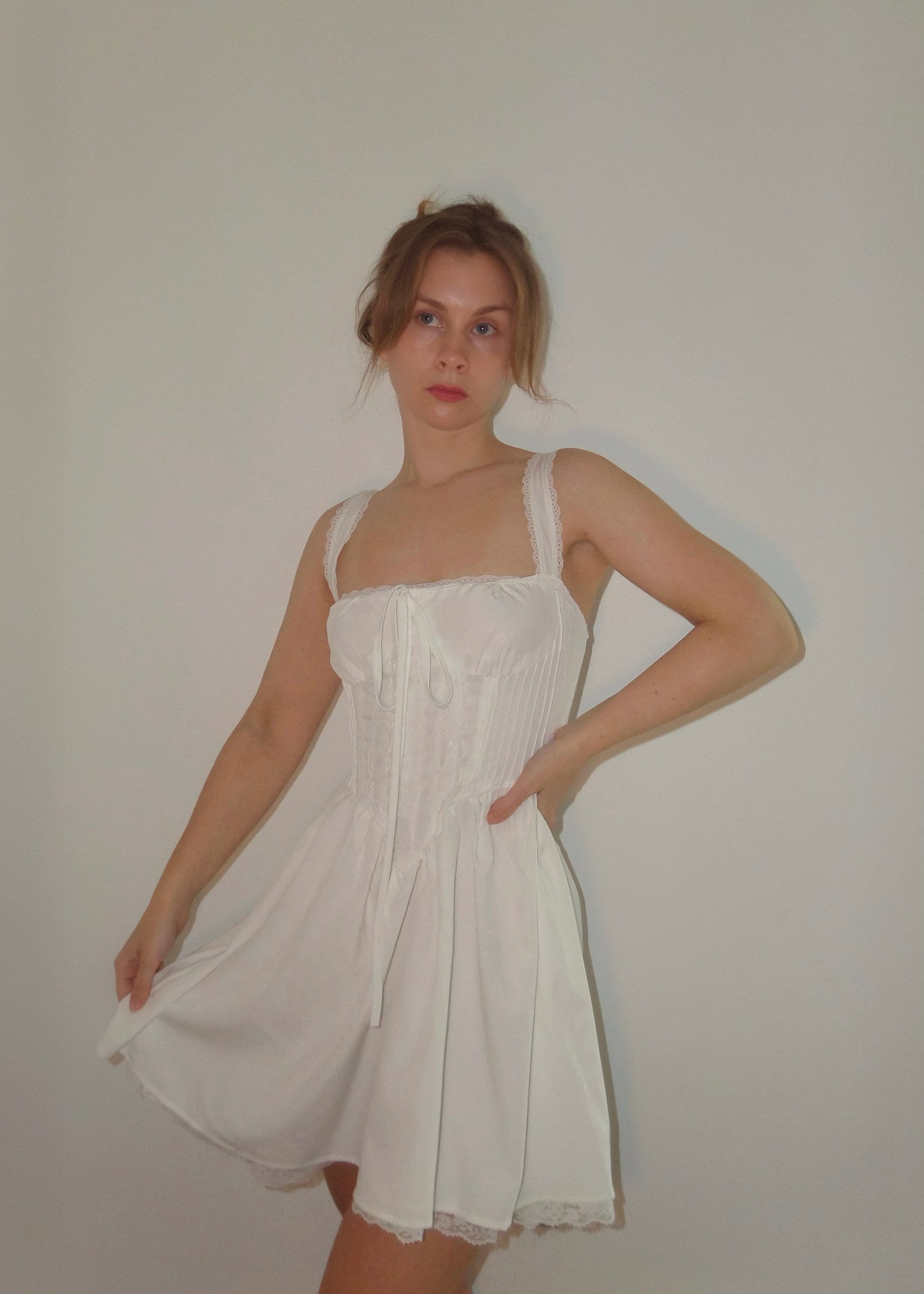 Summer Mini Dresses White Straps Neck Lace Cottagecore Dress