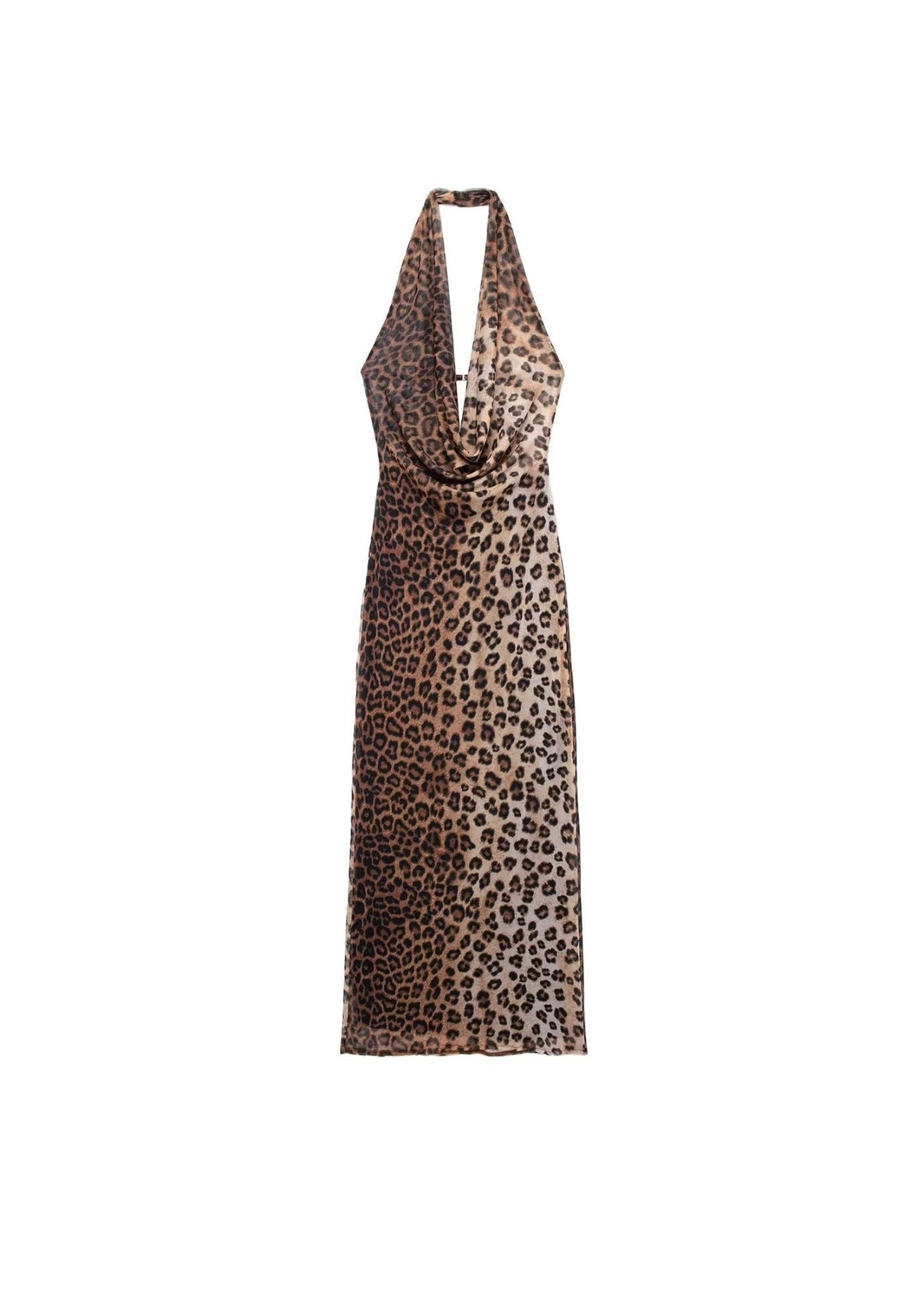 Knit Fabric Cowl Neck Leopard Knotted Halter Backless Maxi Dress for Party/Clubbing,XS/Brown
