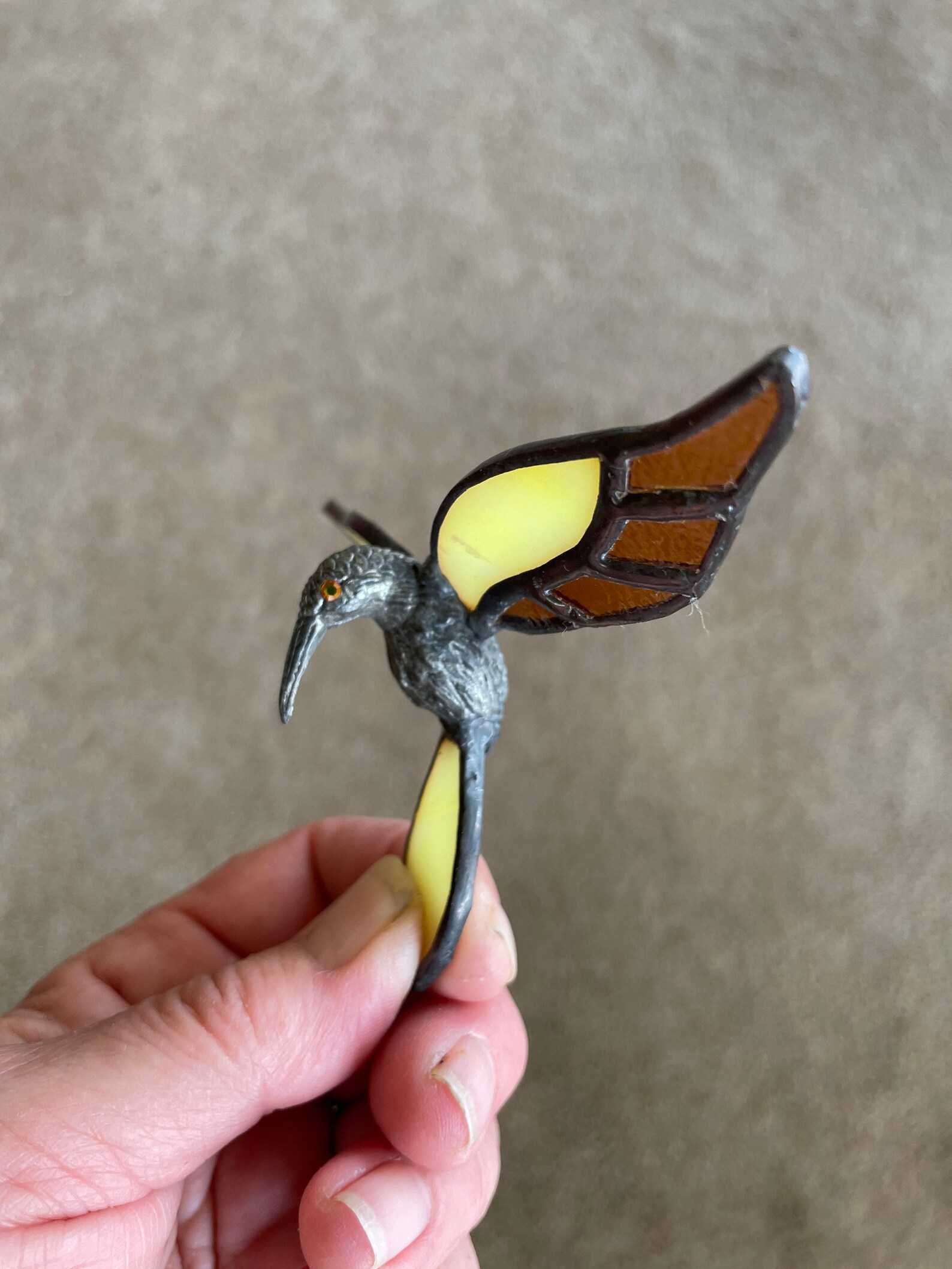 Small Hummingbird In Cast Metal And Stained Glass Wings Etsy