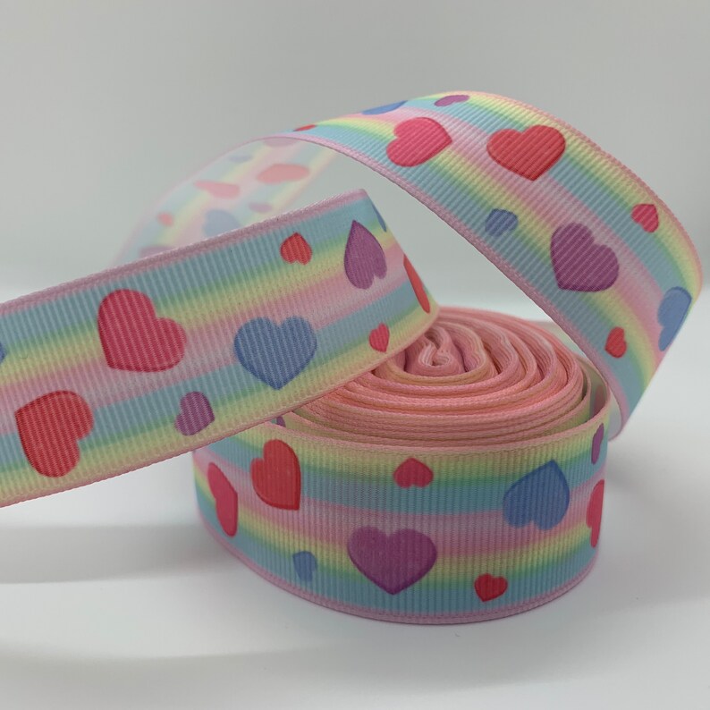 Grosgrain Pastel Rainbow with Colourful Hearts Ribbon 1 25mm