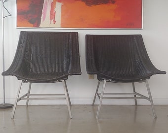 Vintage Modern Black Wicker Lounge Chairs on Metal Base - Set of 2