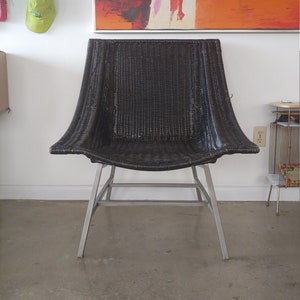 Vintage Modern Black Wicker Lounge Chairs on Metal Base Set of 2 image 2