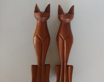 Vintage Handcarved Wood Cat Sculptures from Japan - Set of 2