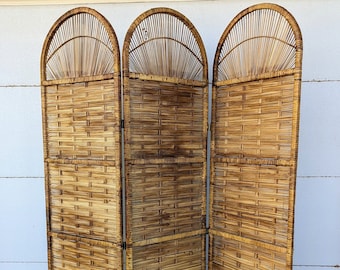 Vintage Bohemian Split Reed 3 Panel Room Divider Screen
