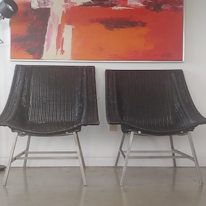 Vintage Modern Black Wicker Lounge Chairs on Metal Base Set of 2 image 1