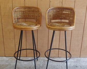 Mid Century Pair Of Swivel Rattan Bar Stools Etsy