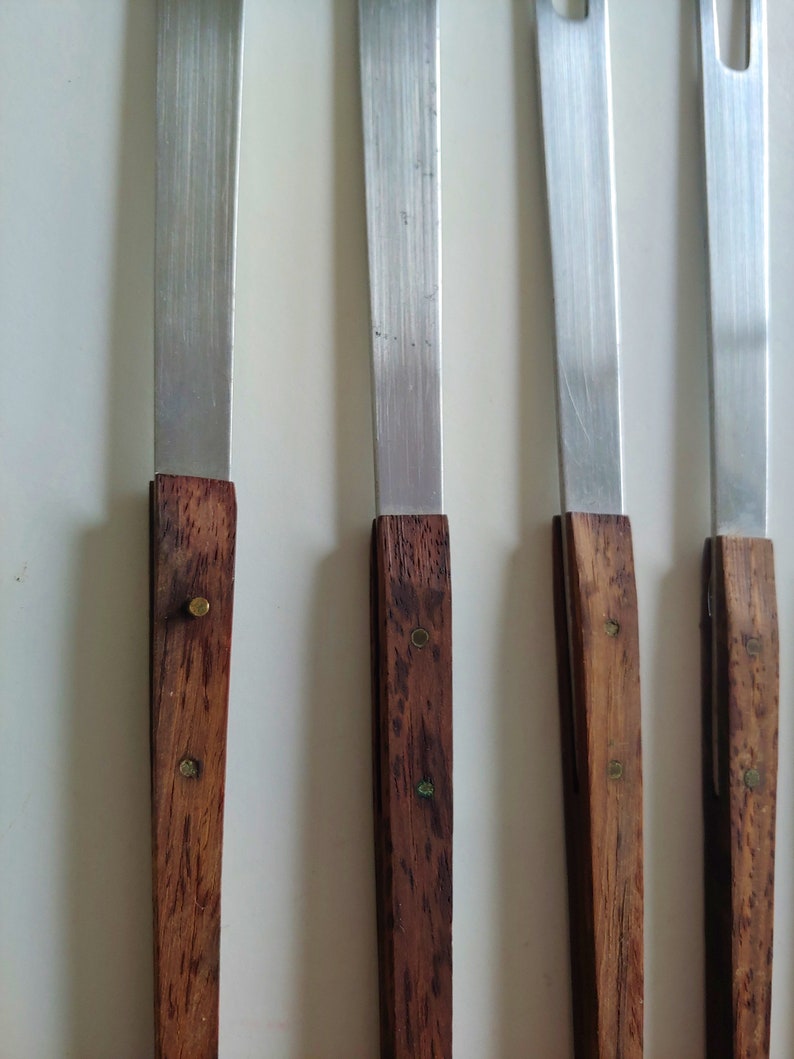 Set of 6 Mid Century Modern Teak and Stainless Fondue Forks Japan