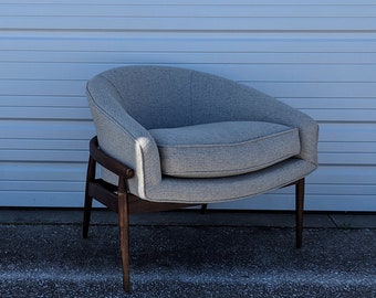 Mid Century Modern Low Walnut Frame Barrel Lounge Chair