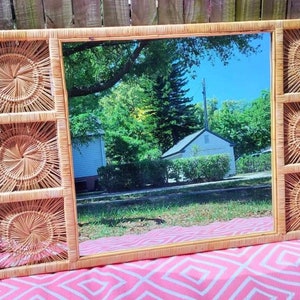 Vintage 1960's Rattan and Reed Wall Mirror with Sunburst Accent image 2