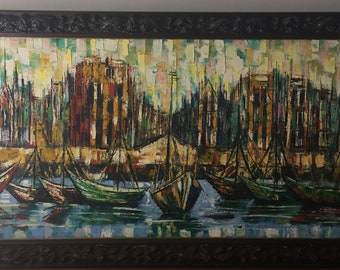 Large Original City Harbor Impressionist Abstract Painting