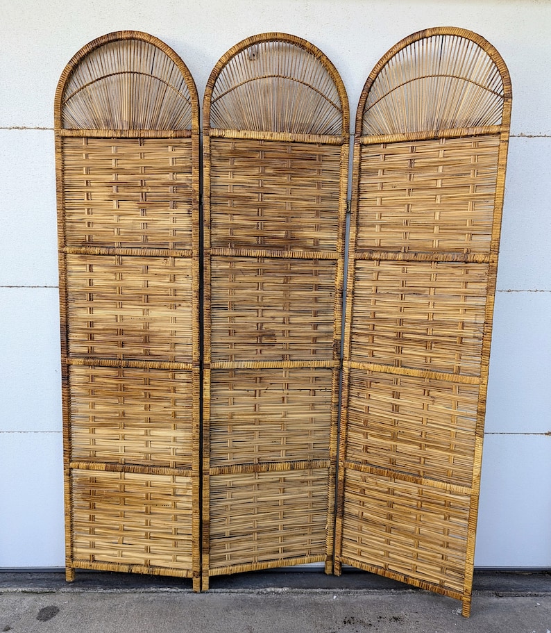 Vintage Bohemian Split Reed 3 Panel Room Divider Screen image 2