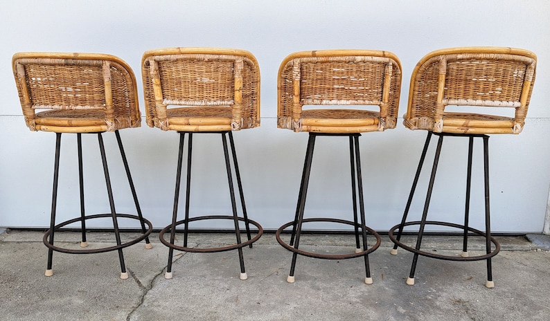 Vintage Modern Counter Height Swivel Wicker and Wrought Iron Bar Stools Set of 2 image 7