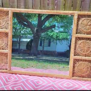 Vintage 1960's Rattan and Reed Wall Mirror with Sunburst Accent image 3
