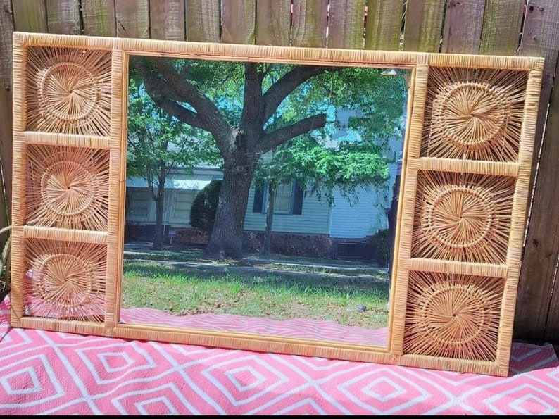 Vintage 1960's Rattan and Reed Wall Mirror with Sunburst Accent image 3