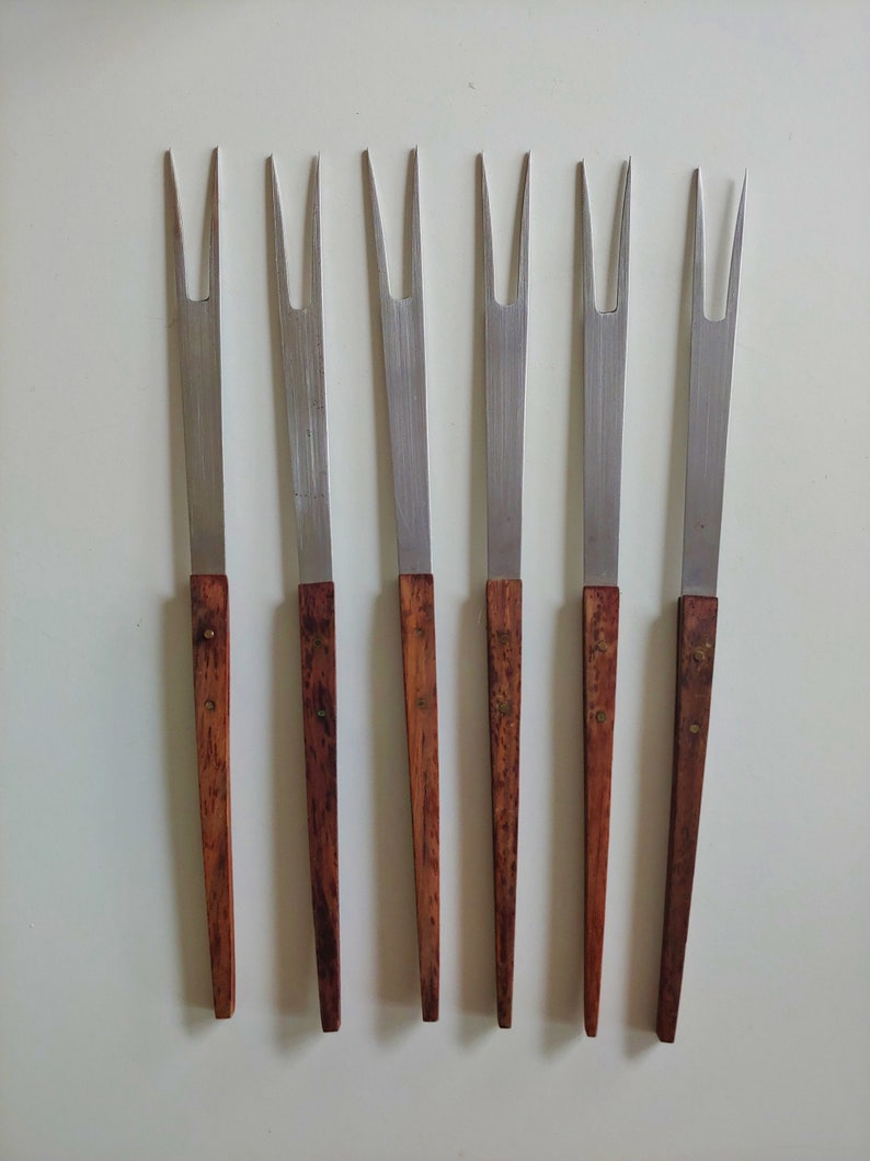 Set of 6 Mid Century Modern Teak and Stainless Fondue Forks Japan