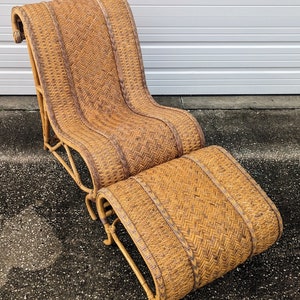Vintage Bohemian Woven Reed Lounge Chair and Ottoman Set image 9