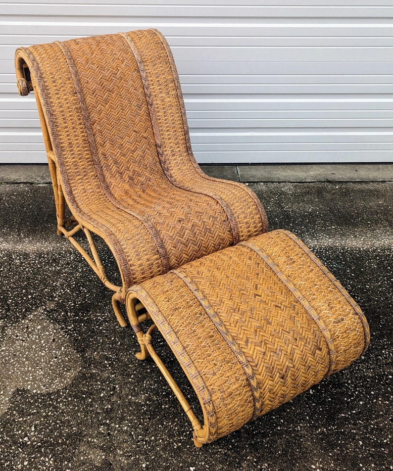 Vintage Bohemian Woven Reed Lounge Chair and Ottoman Set image 9