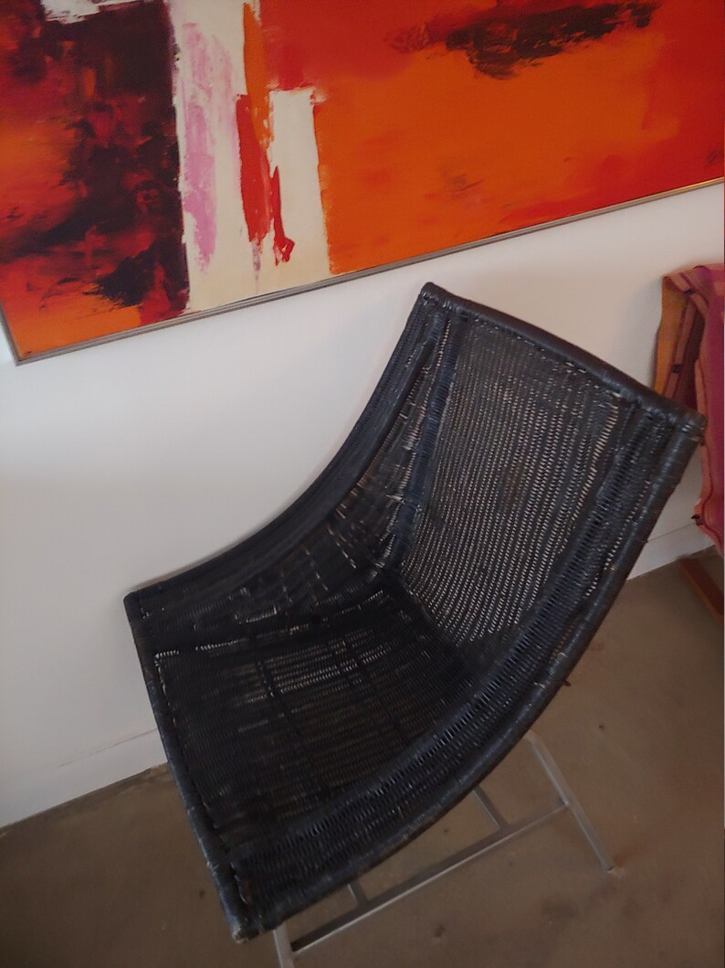 Vintage Modern Black Wicker Lounge Chairs on Metal Base Set of 2 image 6