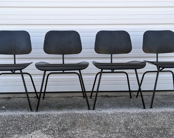 1950's Designed DCM Eames Molded Ebonized Plywood and Black Stainless Steel Chair by Herman Miller