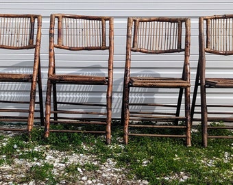 Vintage Mid Century Modern Tortoise Rattan Bamboo Folding Chairs - Set of 4
