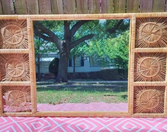 Vintage 1960's Rattan and Reed Wall Mirror with Sunburst Accent