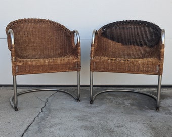 Vintage Modern Rare Harvey Probber / Mies Van Der Rohe Style Wicker and Chrome Chairs - Set of 2