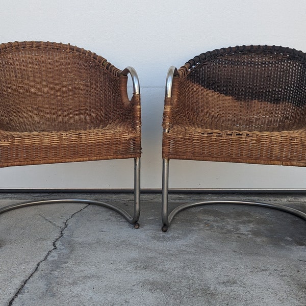 Vintage Modern Rare Harvey Probber / Mies Van Der Rohe Style Wicker and Chrome Chairs - Set of 2