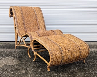 Vintage Bohemian Woven Reed Lounge Chair and Ottoman Set