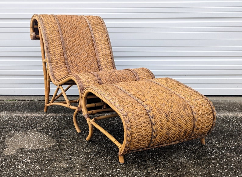 Vintage Bohemian Woven Reed Lounge Chair and Ottoman Set image 1