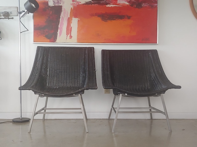 Vintage Modern Black Wicker Lounge Chairs on Metal Base Set of 2 image 1