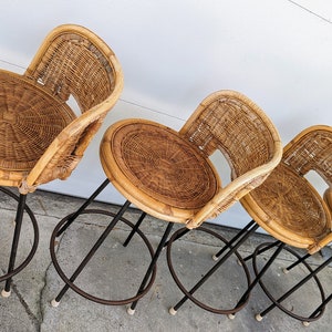 Vintage Modern Counter Height Swivel Wicker and Wrought Iron Bar Stools Set of 2 image 6