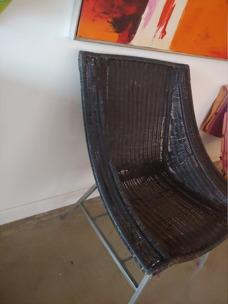 Vintage Modern Black Wicker Lounge Chairs on Metal Base Set of 2 image 5