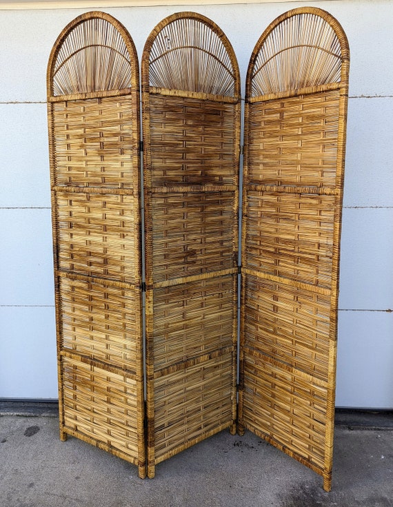 Vintage Bohemian Split Reed 3 Panel Room Divider Screen
