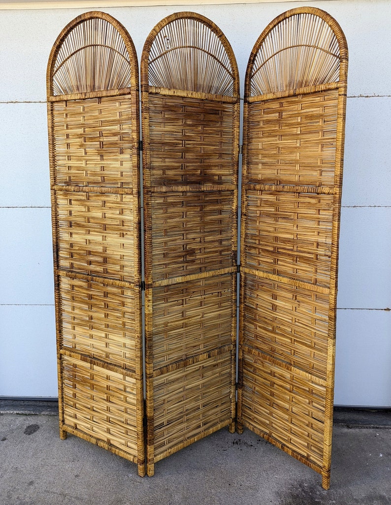 Vintage Bohemian Split Reed 3 Panel Room Divider Screen image 1