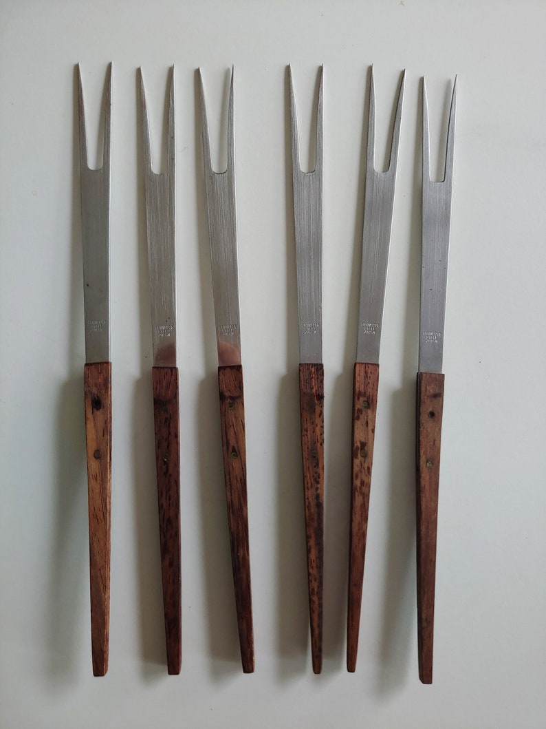Set of 6 Mid Century Modern Teak and Stainless Fondue Forks Japan