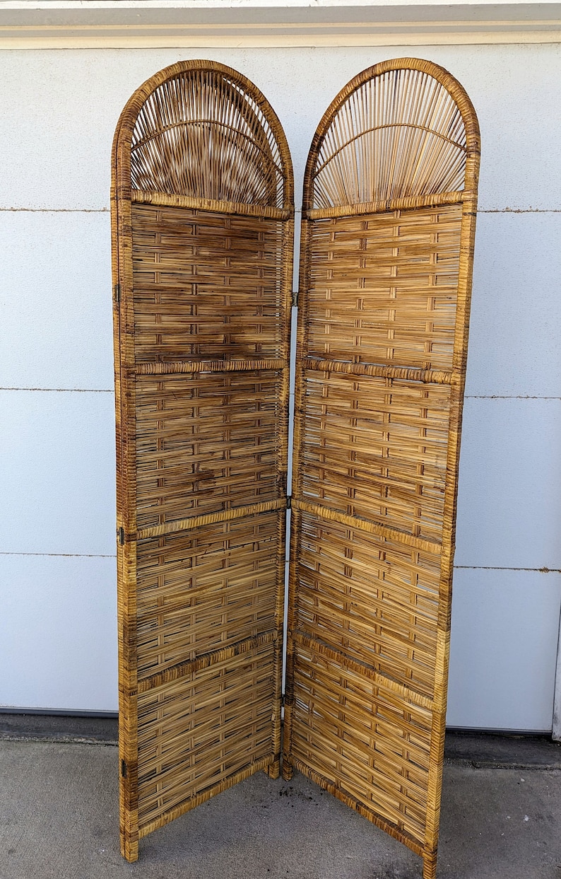 Vintage Bohemian Split Reed 3 Panel Room Divider Screen image 6
