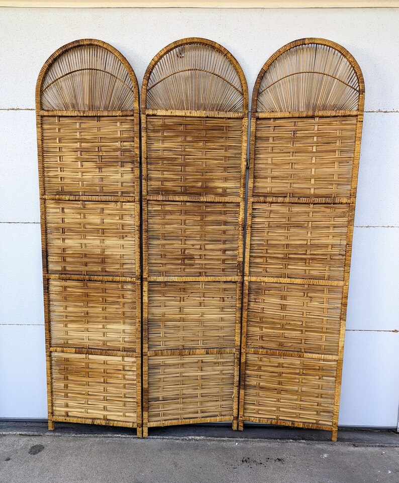 Vintage Bohemian Split Reed 3 Panel Room Divider Screen image 3