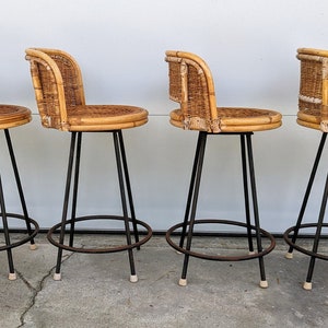 Vintage Modern Counter Height Swivel Wicker and Wrought Iron Bar Stools Set of 2 image 2