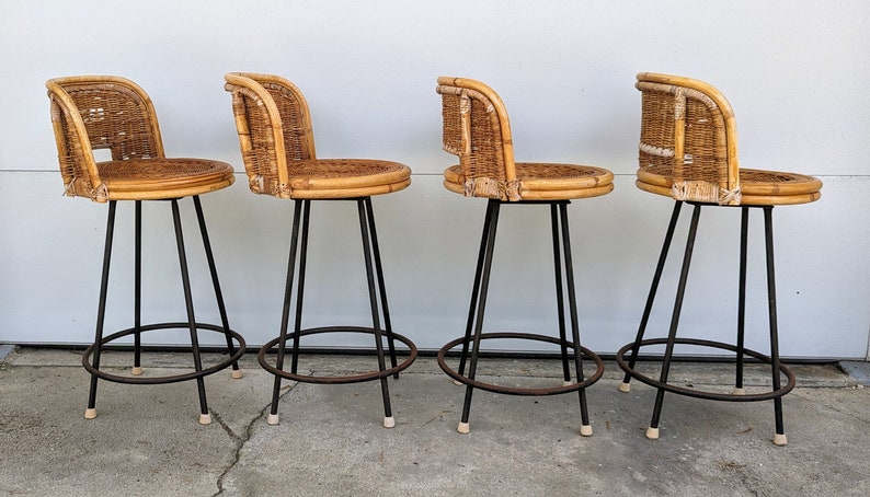 Vintage Modern Counter Height Swivel Wicker and Wrought Iron Bar Stools Set of 2 image 2