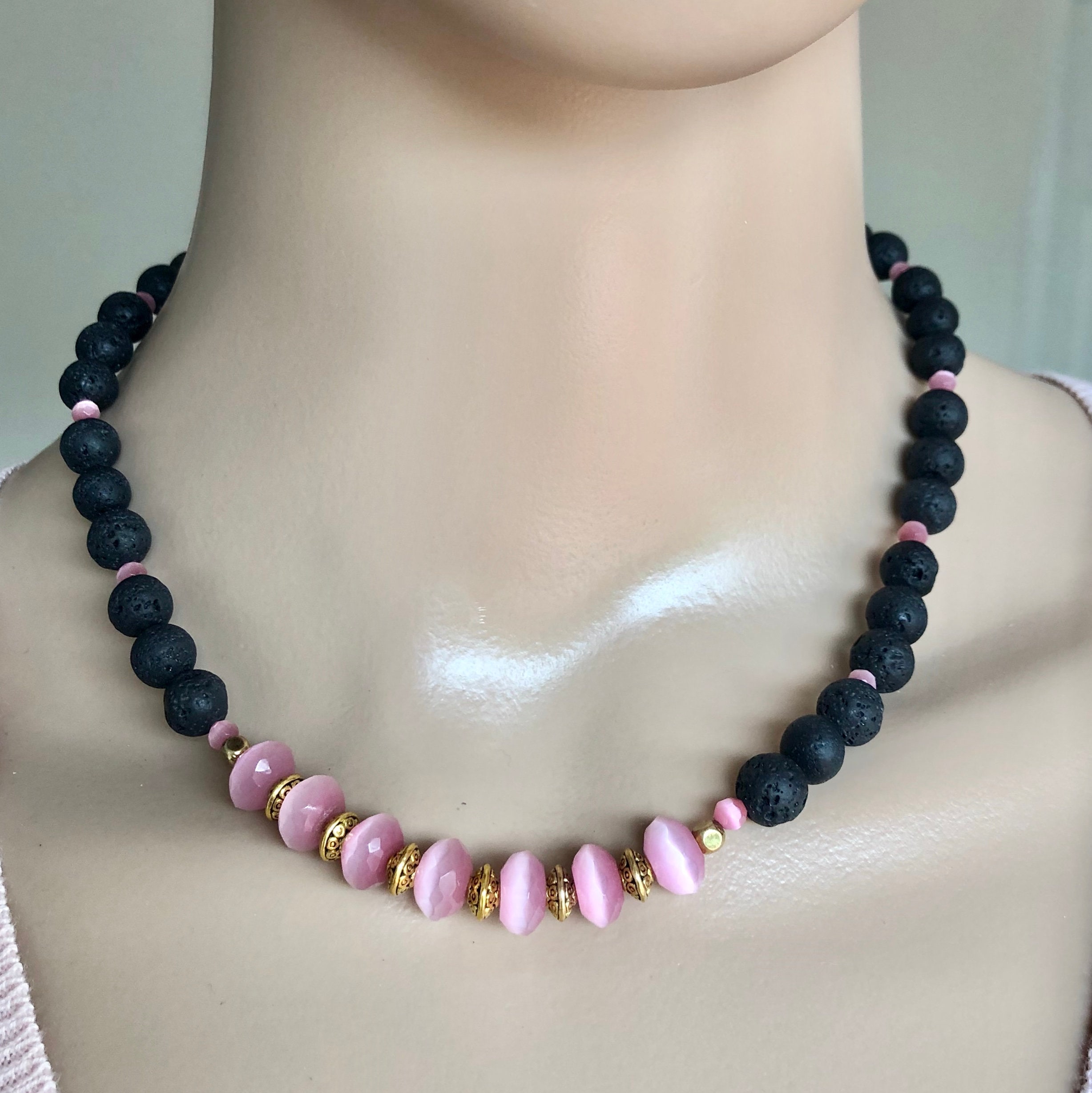 AJ228 Pink and Black Lava Beads Necklace Set. Hoop Earrings Etsy UK