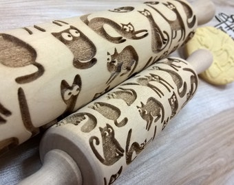 CATS Rolling Pin Wooden rolling pin Laser Cut Pattern Embossing