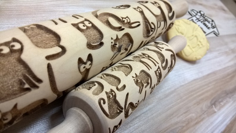 CATS Rolling Pin Wooden rolling pin Laser Cut Pattern Embossing image 1