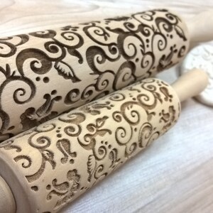 Wooden Rolling pin &quot;Tracery Flower&quot; Design Laser Cut Pattern Embossing