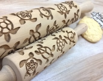 Wooden Rolling Pin Turtles Pattern Embossing Laser Cut