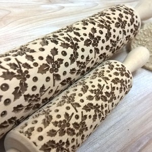 Wooden Rolling Pin &quot;Holly leaves and berries&quot; Handmade Wooden rolling pin Designed by Christine Yeandle