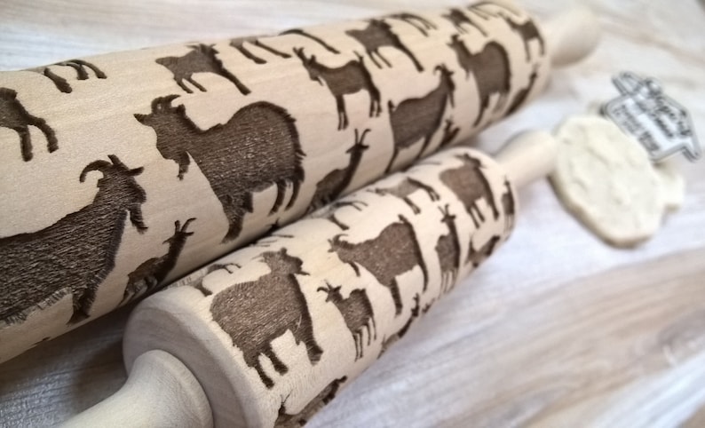 Rolling Pin Wooden Laser Cut Stylish Goats, Nanny-goats Pattern Embossing image 1