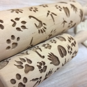 Animals and Birds Foot Print Wooden Rolling Pin Laser Engraved Pattern Embossing